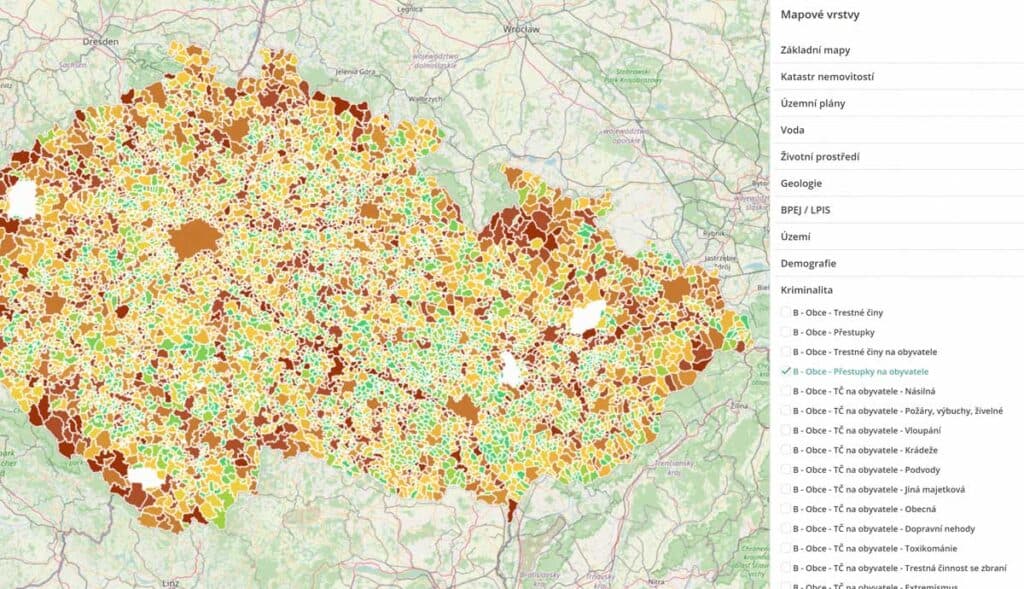 Kriminalita ČR mapa GEOPAS.cz